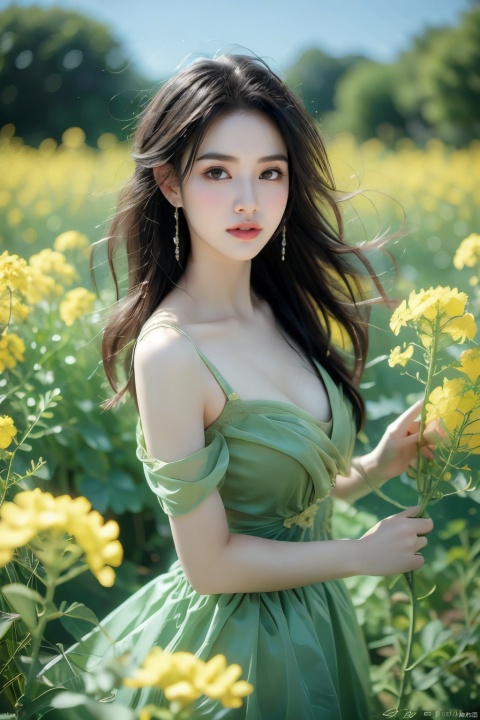  A sexy beauty with a bun, half-body portrait, standing in a sea of rapeseed flowers, charming eyes, sweet smile, surrounded by blooming yellow rapeseed flowers, forming a beautiful picture, high quality picture, full HD picture, 8K resolution, photorealistic, intricate details, sharp focus, vibrant colors, trending on ArtStation, trending on CGSociety, by Greg Rutkowski, Midjourney, Jeremy Mann, Antonio Moro, Ed Blinkey, Atey Ghailan, Studio Ghibli, heart professional majestic oil painting, popular on DeviantArt, concept art, artwork., lvshui-green dress, Light master, (\meng ze\)