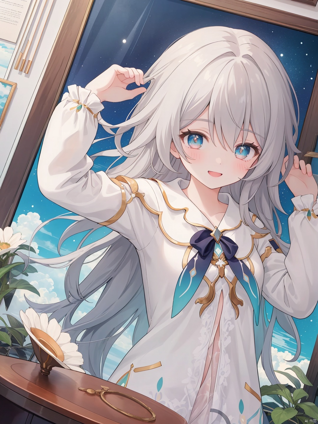  (masterpiece,top quality,best quality,official art,beautiful and aesthetic:1.2),gf-hd,1girl,solo,long grey hair,lovely smilie,(cartoon pajamas:1.1),sheer clothing,tying hair,dynamic pose,firefly \(honkai: star rail\),cute,sunny room,cozy,(lace details), 
