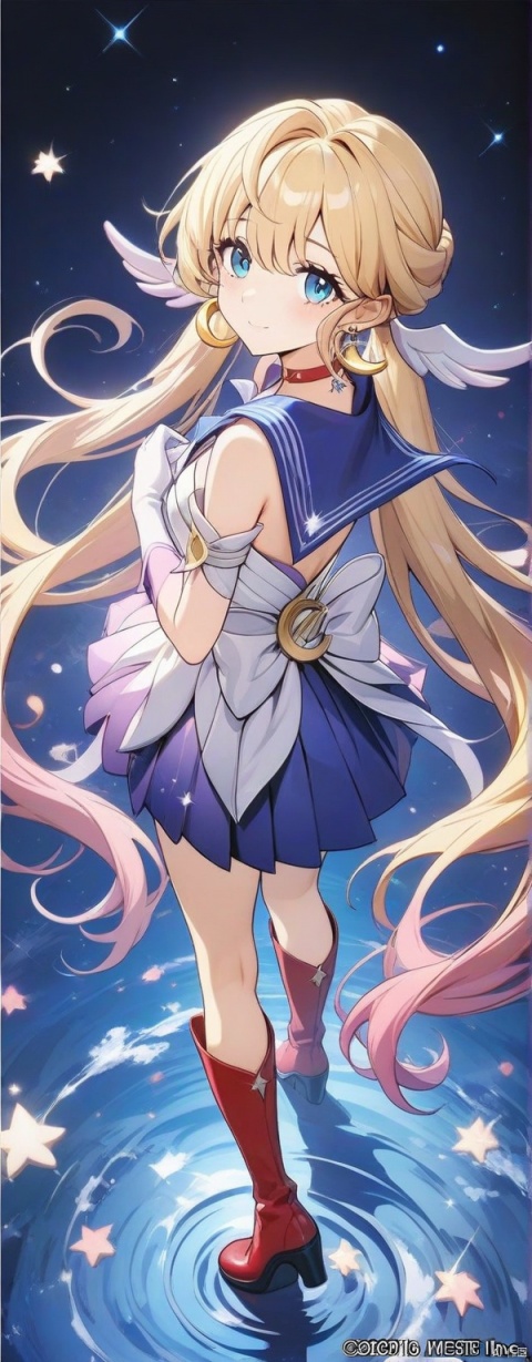  (masterpiece, top quality, best quality, official art, 8K,beautiful and aesthetic:1.2),robinSR,1girl, solo, long hair, looking at viewer, blue eyes, skirt, blonde hair, hair ornament, gloves, bow, twintails, jewelry, very long hair, full body, pleated skirt, earrings, boots, sky, choker, elbow gloves, white gloves, (sailor collar), water, hair bun, red bow, blue skirt, double bun, night, magical girl, knee boots, blue sailor collar, crescent, red footwear, night sky, starry sky,back bow,red choker, (sailor senshi uniform), crescent earrings, (tsukino usagi), (sailor moon),look at the viewer,standing,simple background, at night