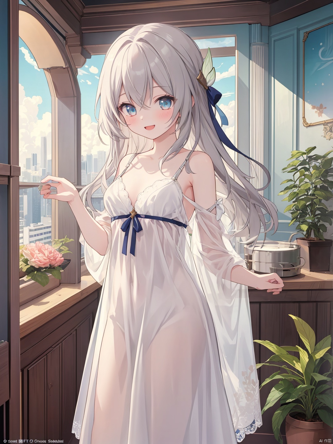  (masterpiece,top quality,best quality,official art,beautiful and aesthetic:1.2),gf-hd,1girl,solo,long grey hair,lovely smilie,babydoll,(naked:1.1),(sheer clothing:1.1),firefly \(honkai: star rail\),cuteloli,sunroom,cozy,room,(lace details)