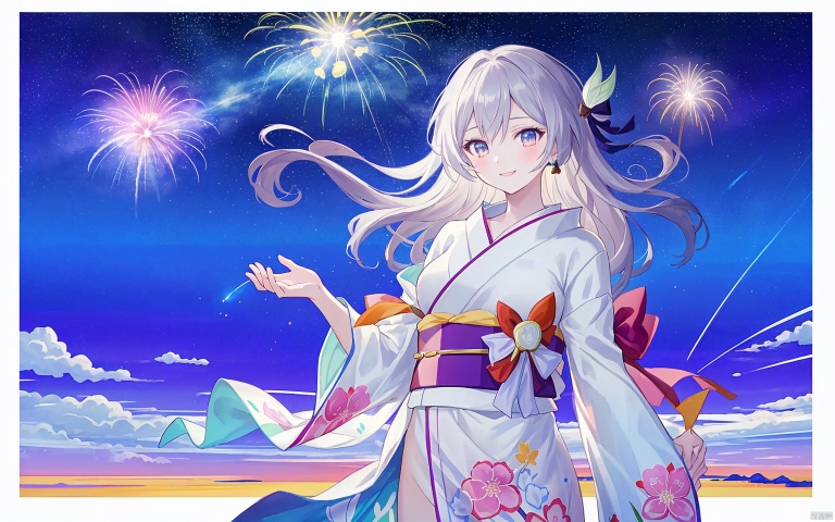  (masterpiece,top quality,best quality,official art,beautiful and aesthetic:1.2),1girl,lovely smile,(tuck hair behind the ear:1.3),(Yukatas:1.1),(sheer clothing:1.2),colorful,sparkles,sky,solo,long hair,fireworks,summer festival,galaxy,sky canvas,fleeting beauty,warm breeze,,firefly \(honkai: star rail\),cuteloli,