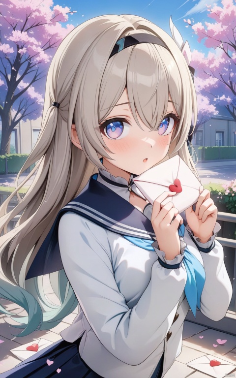  (masterpiece,top quality,best quality,official art,beautiful and aesthetic:1.2),
gf-hd,1girl,solo,long hair,robinSR,(Seifuku),(delivering Love Letter with Twin Hands to viewer:1.8),Bashful,love heart,Downcast Eyes,Romantic Gesture,
schoolyard,cherry blossoms,