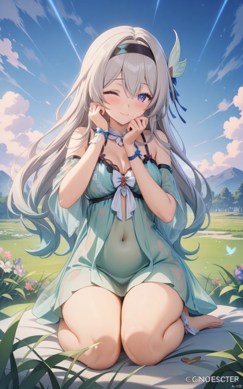  (masterpiece,top quality,best quality,official art,beautiful and aesthetic:1.2),gf-hd,1girl,solo,long hair,lovely smilie,wink,(babydoll),(sheer clothing:1.2),cozy,(lace details),sitting in the field,holding his face in his hands,looking at the blue sky, robinSR, (\shen ming shao nv\)