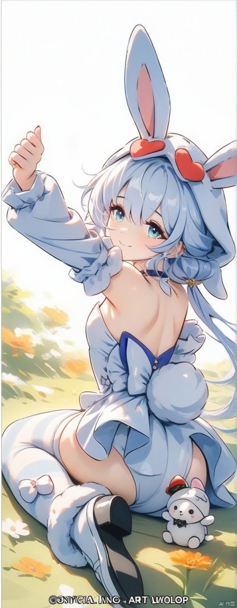  (masterpiece, top quality, best quality, official art, 8K,beautiful and aesthetic:1.2),robinSR,cute smile,plush doll clothing,bunny_suit,white long
sleeves,white clothes with rabbit ears
hair between eyes,full body,stretching,
alternate costume,white
footwear,rabbit tail,hood up,white
plush thighhighs,white shorts, animal hood,
rabbit hood,fufu,from back,simple background,artist wlop