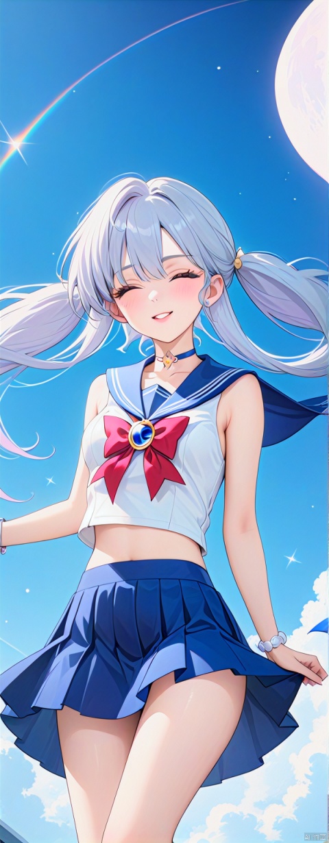  (masterpiece, top quality, best quality, official art, 8K,beautiful and aesthetic:1.2),robinSR,beautiful breast,wink,iconic,(Sailor Moon:1.3),iconic,sailor suit,sky blue and white color scheme,sailor collar with a very short skirt in deep navy blue and accented with royal blue, long white socks with a blue stripe at the top,(red ruby),(crop top),transformation brooch,simple background