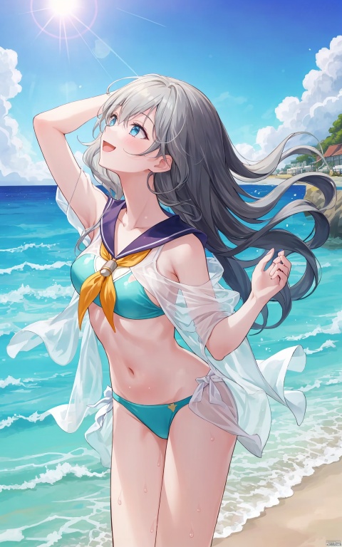  (masterpiece,top quality,best quality,official art,beautiful and aesthetic:1.2),gf-hd,1girl,solo,long grey hair,(swim_suit:1.1),(sheer clothing:1.3) ,firefly \(honkai: star rail\),cuteloli,Sun-Kissed Summer Adventure: A vibrant,high-energy portrait of a teenage girl enjoying a summer adventure,her hair tousled by the sea breeze,laughter captured in a moment of pure joy.The background of a bright,sunny beach adds to the feeling of freedom and carefree youth,with natural sunlight.