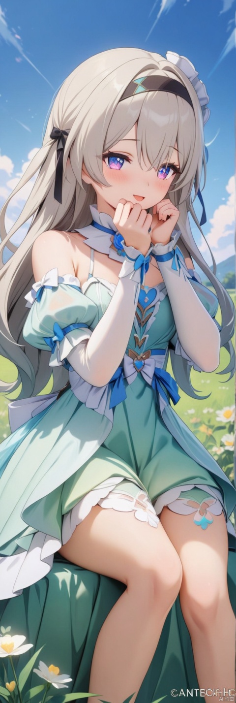  (masterpiece,top quality,best quality,official art,beautiful and aesthetic:1.2),gf-hd,1girl,loli,solo,long hair,lovely smilie,wink,(lolita princess gown),(sheer clothing:1.2),cozy,(lace details),sitting in the field,holding his face in his hands,looking at the blue sky, robinSR,