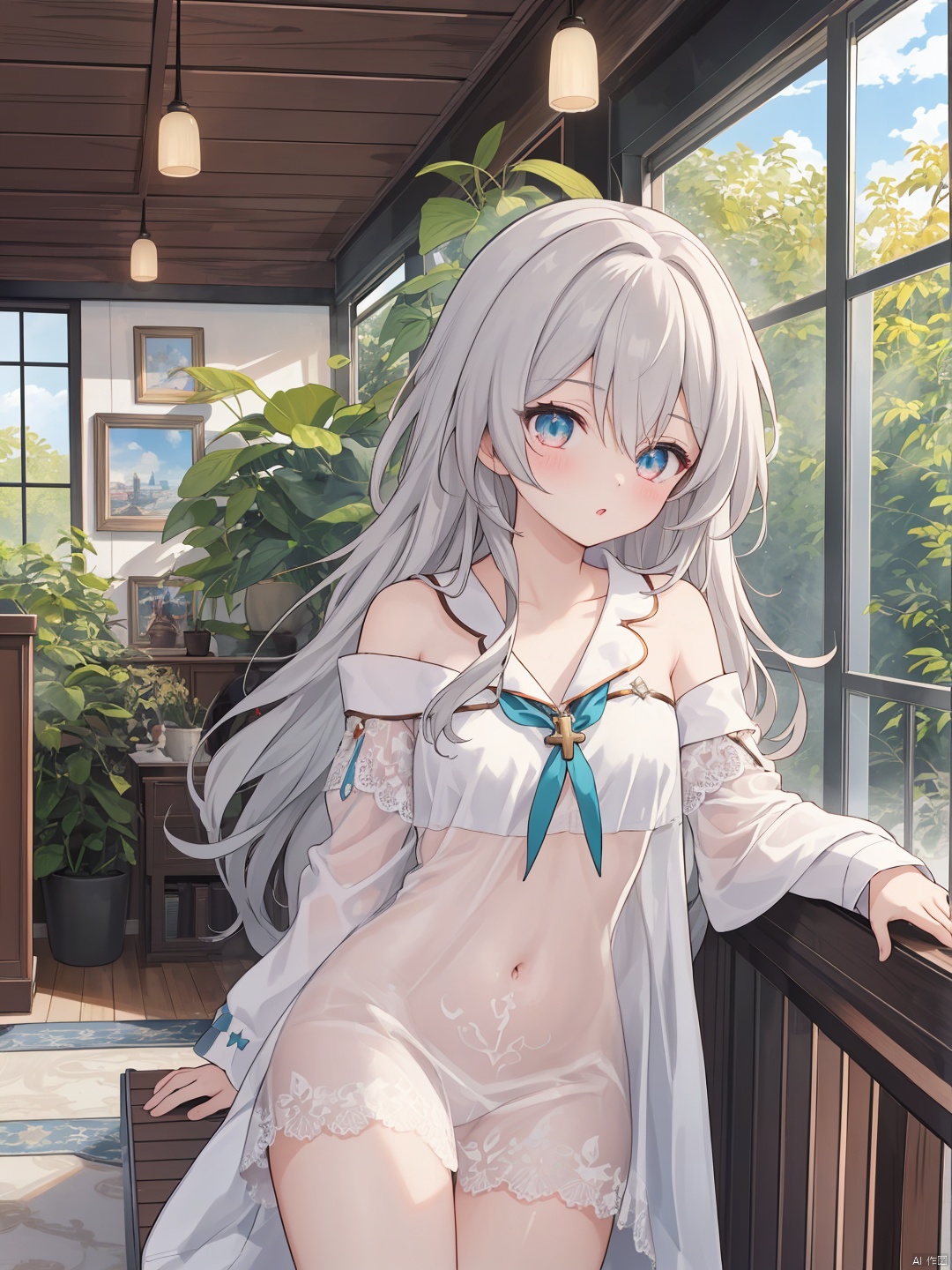  (masterpiece,top quality,best quality,official art,beautiful and aesthetic:1.2),gf-hd,1girl,solo,long grey hair,pouting,cross-legged,cartoon pajamas,(one shoulder exposed:1.2),(naked:1.1),(sheer clothing:1.1),firefly \(honkai: star rail\),cuteloli,sunroom,cozy,room,(lace details)