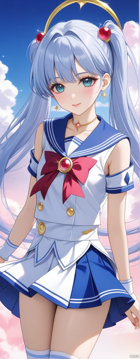 (masterpiece, top quality, best quality, official art, 8K,beautiful and aesthetic:1.2),robinSR,wink,iconic,(Sailor Moon),iconic,sailor suit,sky blue and white color scheme,sailor collar with a very short skirt in deep navy blue and accented with royal blue, long white socks with a blue stripe at the top,red ruby,transformation brooch,