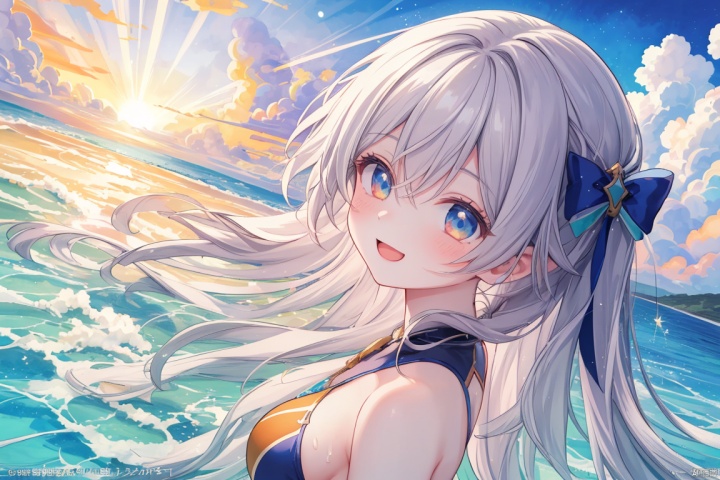  (masterpiece,top quality,best quality,official art,beautiful and aesthetic:1.2),1girl,lovely smile,(swim_suit:1.1),(sheer clothing:1.3)Sun-Kissed Summer Adventure: A vibrant,high-energy portrait of a teenage girl enjoying a summer adventure,her hair tousled by the sea breeze,laughter captured in a moment of pure joy. The background of a bright,sunny beach adds to the feeling of freedom and carefree youth. The image,rich in vivid colors and dynamic composition,captures the essence of summer fun.with natural sunlight,firefly \(honkai: star rail\)