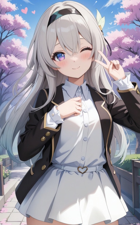  (masterpiece,top quality,best quality,official art,beautiful and aesthetic:1.2),gf-hd,1girl,loli,solo,long hair,lovely smilie,(one eye wink:1.2),(cute tilt),(blazer,white shirt,white blouse:2),cozy,v,love heart,schoolyard,cherry blossoms,robinSR