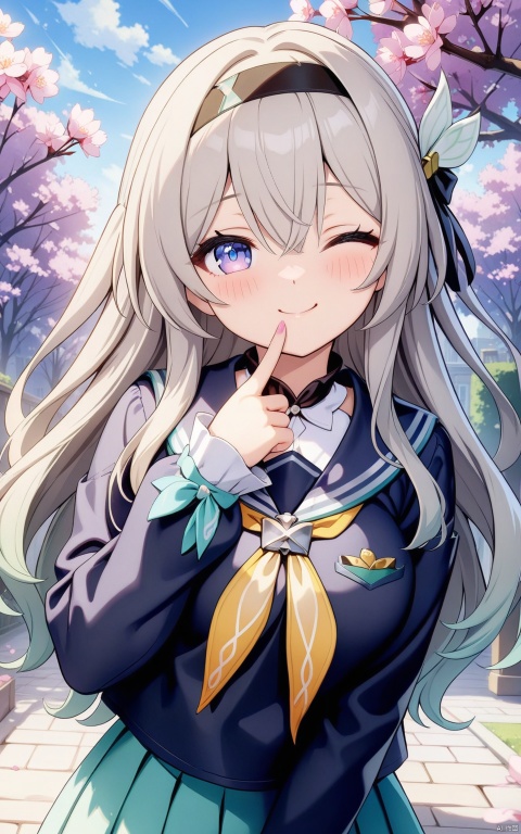  (masterpiece,top quality,best quality,official art,beautiful and aesthetic:1.2),gf-hd,1girl,loli,solo,long hair,lovely smilie,one eye wink,(cute tilt),(Seifuku:1.5),cozy,v,love heart,schoolyard,cherry blossoms,robinSR