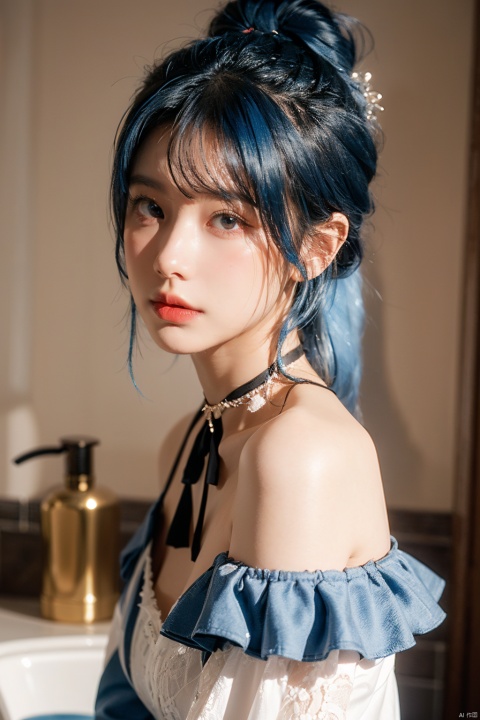 1girl,chiaroscuro,(bathroom),((Blue hair)),(topknot),(Blush),(B cup),hair ornament,ribbon choker,Gothic,slightly Off shoulder,gyaru,long shot,(whole body)