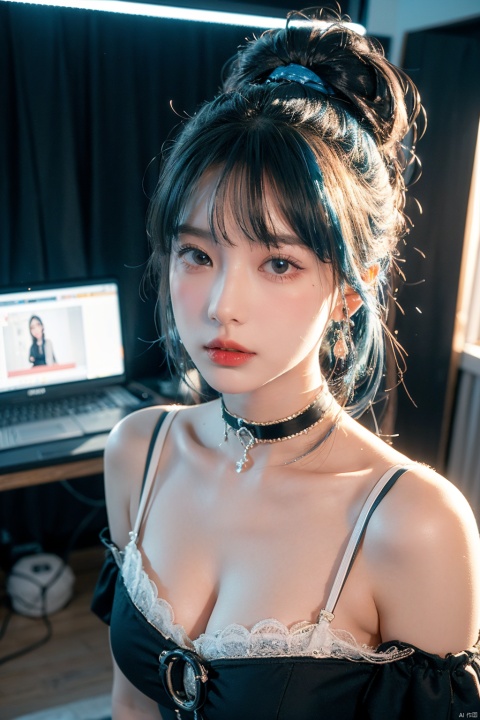 1girl,chiaroscuro,(Music anchor),(Live broadcast room),((Blue hair)),(topknot),(Blush),(B cup),hair ornament,ribbon choker,Gothic,slightly Off shoulder,gyaru,sweeping landscapes,fluorescent,from below, selfie,headset