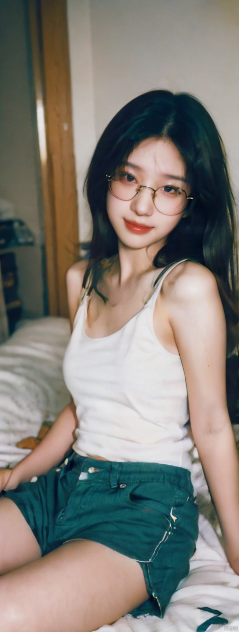  iphone photo young college woman, long tousled brunette hair, no makeup, beautiful smile, lying on her bed in her messy dorm room, wearing glasses, tank top, shorts . large depth of field, deep depth of field, highly detailed
