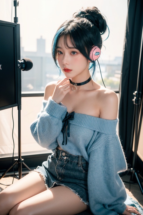 1girl,chiaroscuro,(Music anchor),(headphones),((Live broadcast room),(sitting)),((Blue hair)),(topknot),((Blush),(A cup)),hair ornament,ribbon choker,Gothic,slightly Off shoulder,gyaru,sweeping landscapes,fluorescent