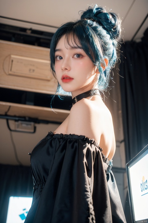 1girl,chiaroscuro,(Music anchor),(Live broadcast room),((Blue hair)),(topknot),(Blush),(B cup),hair ornament,ribbon choker,Gothic,slightly Off shoulder,gyaru,mid shot,fluorescent,(from below)