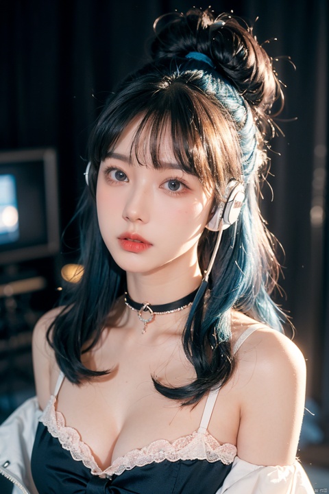 1girl,chiaroscuro,(Music anchor),(headphones),(Live broadcast room),((Blue hair)),(topknot),((Blush),(C cup)),hair ornament,ribbon choker,Gothic,Off shoulder,gyaru,sweeping landscapes,fluorescent