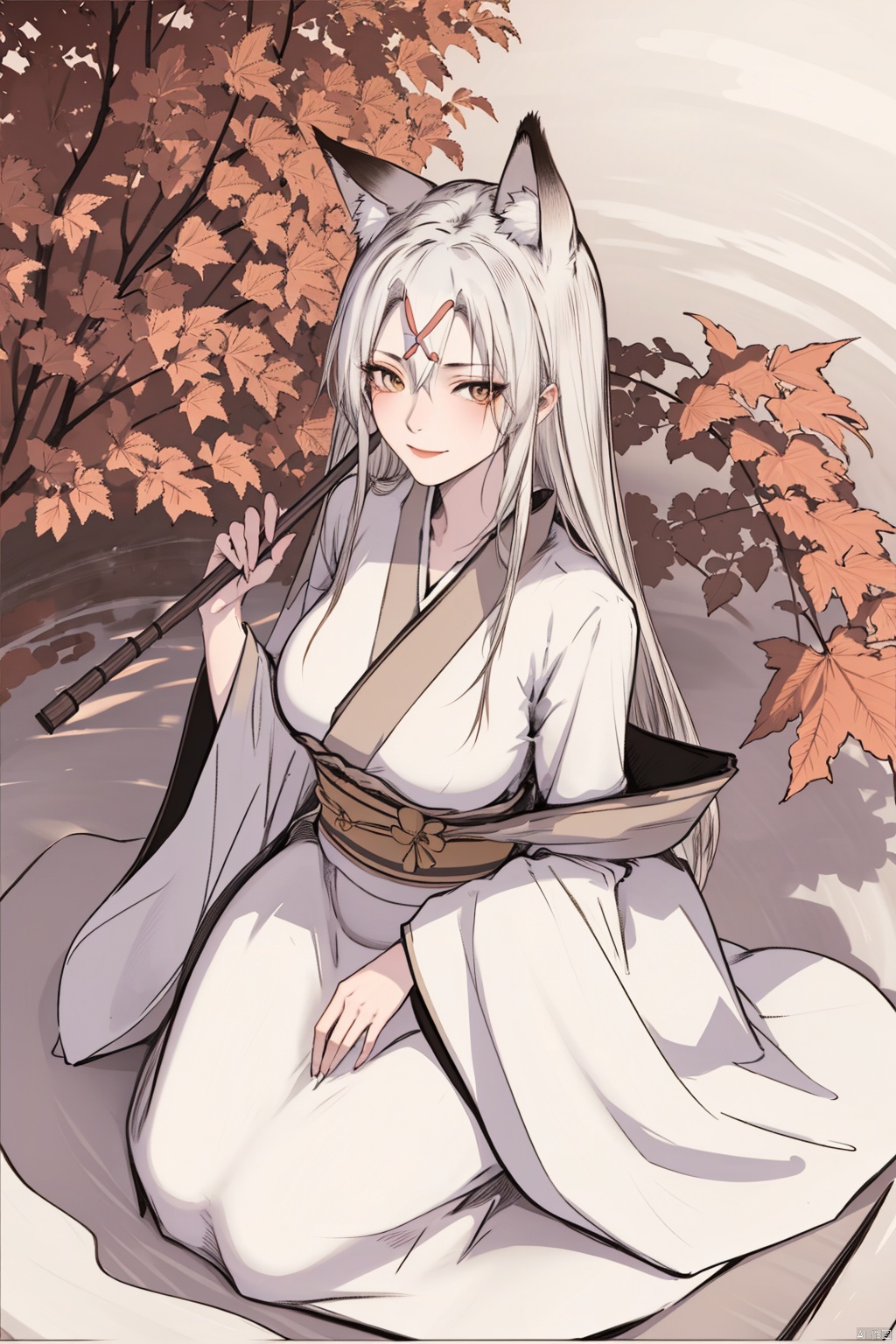  (best quality),(masterpiece),1girl, solo, long hair, umbrella, fox ears, animal ears, sitting, japanese clothes, white hair, looking at viewer, holding, kimono, yellow eyes, smile, leaf, holding umbrella, detached sleeves, hair between eyes, bangs, from above, oil-paper umbrella, fox girl, ribbon, fox tail, wide sleeves, seiza, hair ribbon, maple leaf, tail, peiyuhan