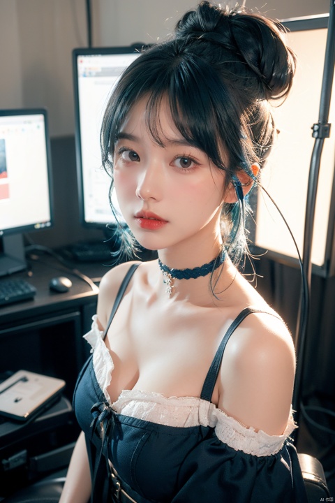 1girl,chiaroscuro,(Music anchor),(Live broadcast room),((Blue hair)),(topknot),(Blush),(B cup),hair ornament,ribbon choker,Gothic,slightly Off shoulder,gyaru,sweeping landscapes,fluorescent,sideways glance
, selfie,headset