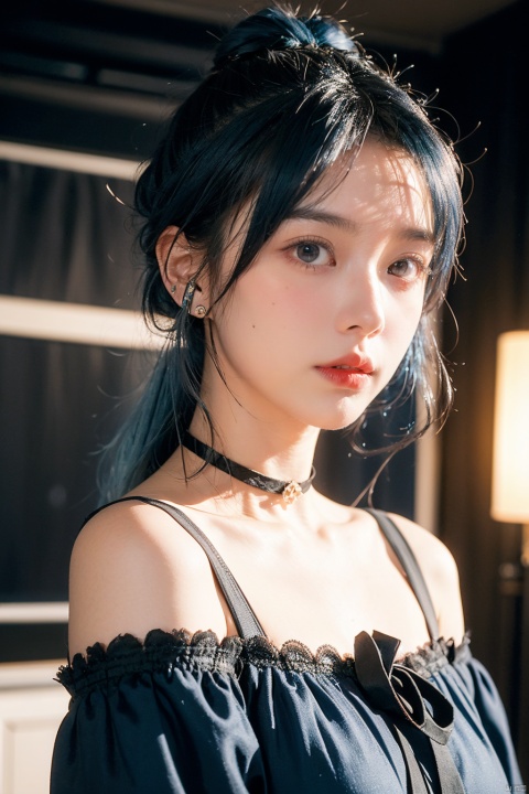 1girl,chiaroscuro,(Music anchor),(Live broadcast room),((Blue hair)),(topknot),(Blush),(B cup),hair ornament,ribbon choker,Gothic,slightly Off shoulder,gyaru,sweeping landscapes,fluorescent,bust shot, selfie,headset