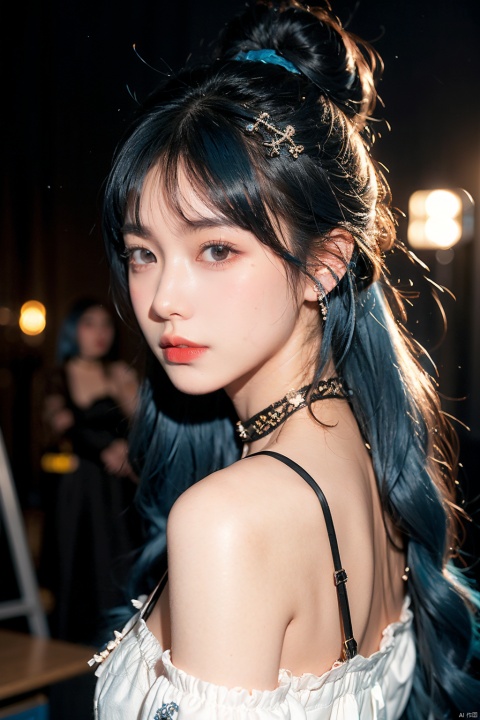 1girl,chiaroscuro,(Music anchor),(Live broadcast room),((Blue hair)),(topknot),(Blush),(B cup),hair ornament,ribbon choker,Gothic,slightly Off shoulder,gyaru,sweeping landscapes,fluorescent,looking back, selfie,headset
