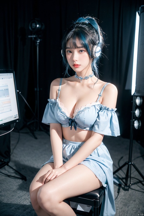 1girl,chiaroscuro,(Music anchor),(headphones),((Live broadcast room),(sitting)),((Blue hair)),(topknot),((Blush),(B cup)),hair ornament,ribbon choker,Gothic,gyaru,sweeping landscapes,fluorescent,slightly Off shoulder
