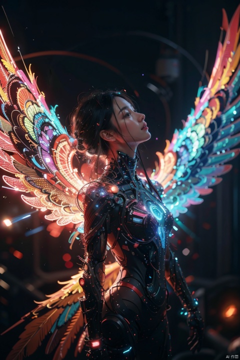  masterpiece,best quality,ultra high res,tashan,colorful,red theme,background light,universe,sparkle,light particles,cyberpunk,humanoid,eyes closed, tashan,wings