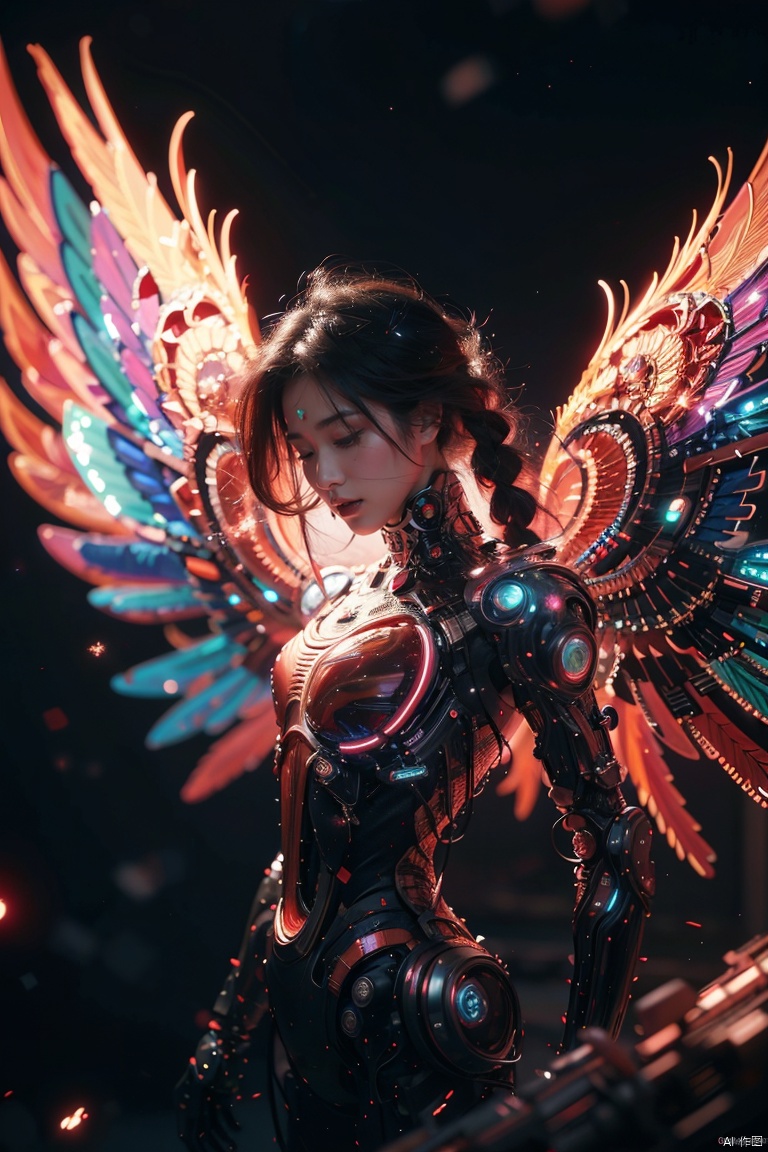  masterpiece,best quality,ultra high res,tashan,colorful,red theme,background light,universe,sparkle,light particles,cyberpunk,humanoid,eyes closed, tashan,wings