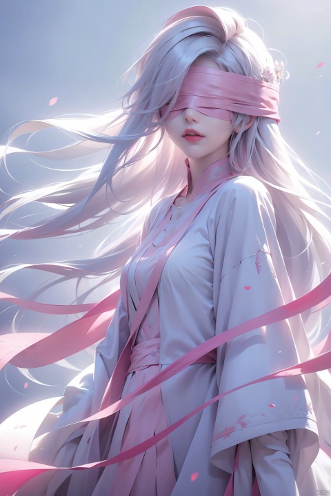 duotone pink and white,1girl,Long hair, loose hair, white hair,(blindfold),The wind blows, close-up,(no show left hand),(no show right hand)facing me directly