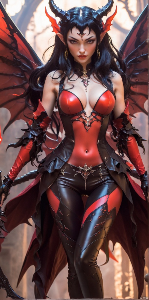  The dark-winged succubi wears black leather tights, has crimson skin, bright silvery eyes and long black hair, sticks out her tongue, and holds a weapon