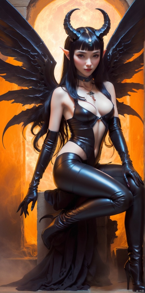  The dark-winged succubi wears black sexy leather and metal tights, bright white eyes and long black straight hair