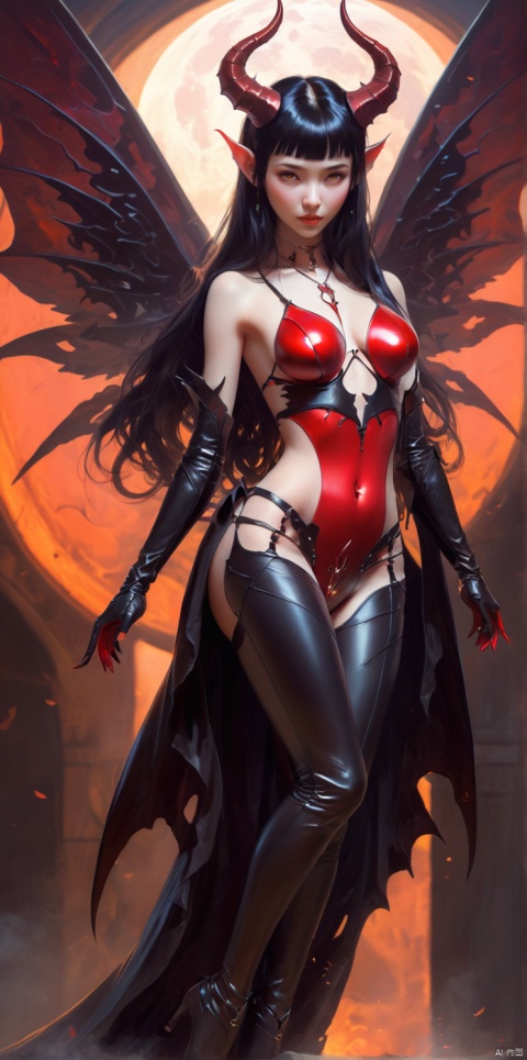  The dark-winged succubi wears black sexy leather and metal tights, has crimson skin, bright white eyes and long black straight hair