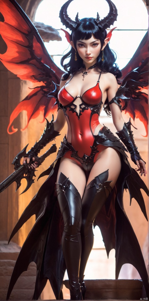  The dark-winged succubi wears sexy leather tights, has crimson skin, bright white eyes and black hair, and holds a weapon