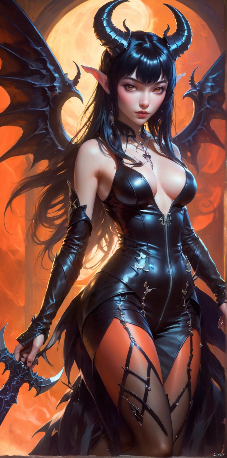  The dark-winged succubi wears sexy black leather tights, bright silvery eyes and long black straight hair with bangs, sticks out her tongue, and holds a weapon
