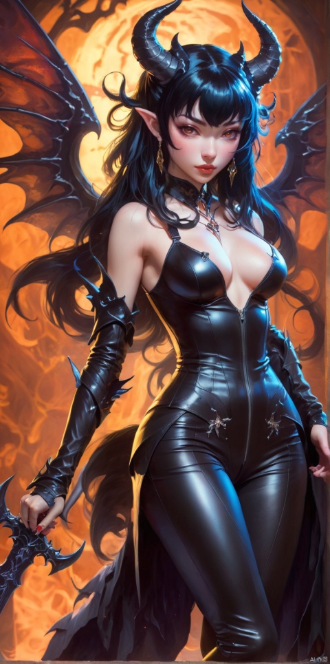  The dark-winged succubi wears sexy black leather tights, bright silvery eyes and long black hair with bangs, sticks out her tongue, and holds a weapon