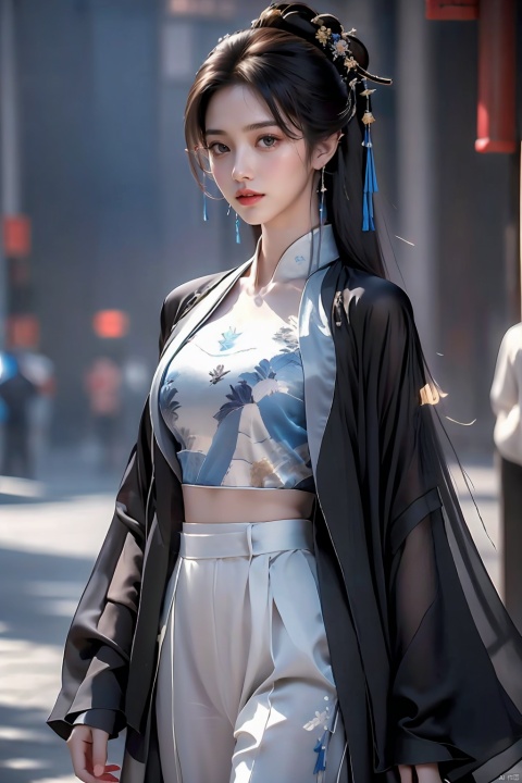 1 woman in suit standing on the sidewalk, cityscape, day, sunny morning, professional lighting, photon mapping, radiosity, Chinese girl, shirt, woman in suit, silk suit, long hair, parted lips, glasses, teeth, lips, hologram