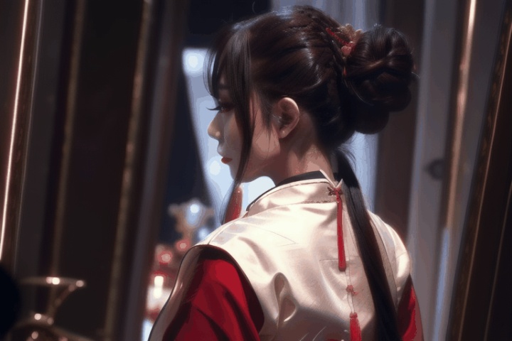 1girl, solo, long hair, brown hair, black hair, hair ornament, long sleeves, dress, upper body, indoors, hair bun, see-through, looking to the side, profile, makeup, looking away, chinese clothes, red lips, painting \(object\), hanfu
