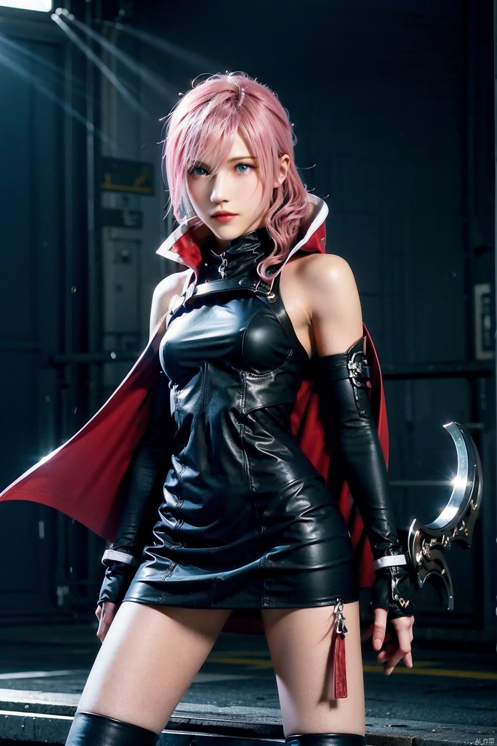  cowboy shot,(Good structure), DSLR Quality,Depth of field,kind smile,looking_at_viewer,Dynamic pose,,1girl, solo, long hair, blue eyes, skirt, gloves, full body, weapon, pink hair, boots, elbow gloves, sword, miniskirt, fingerless gloves, cape, turtleneck,grim expression,Super perspective,wide shot