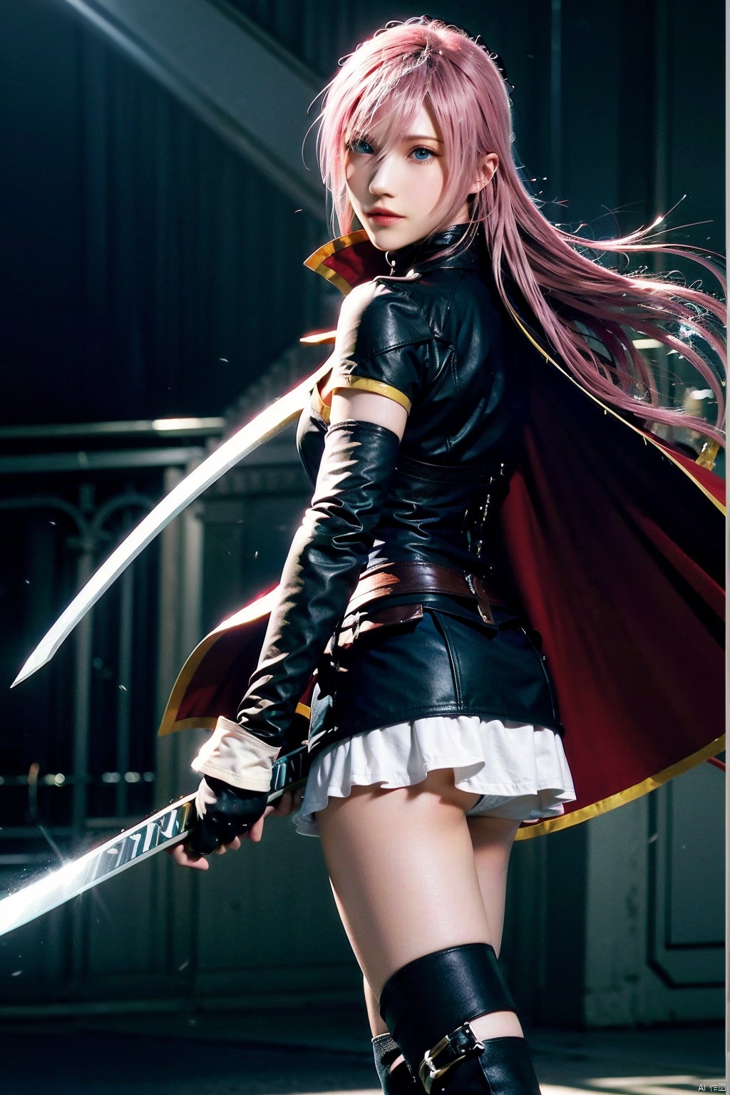  cowboy shot,(Good structure), DSLR Quality,Depth of field,kind smile,looking_at_viewer,Dynamic pose,,1girl, solo, long hair, blue eyes, skirt, gloves, full body, weapon, pink hair, boots, elbow gloves, sword, miniskirt, fingerless gloves, cape, turtleneck,grim expression,Super perspective,wide shot