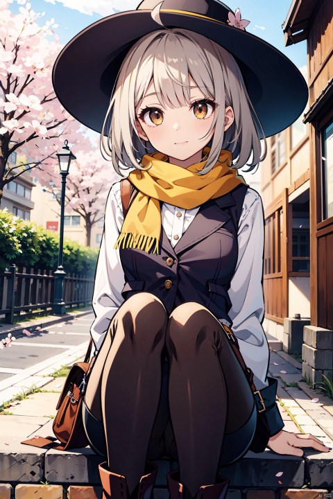 beautiful_silver_hair,beautiful_brown_eyes,ahoge,1_beautiful_girl,cute_face,beautiful,perfect_quality,perfect_anatomy,perfect_hands,cherry blossoms,beautiful,light_brown_ten_gallon_hat,light_brown_leather_vest,white_shirts,light_brown_leather_pants,brown_leather_boots,brown_belt,brown_holster,yellow_Scarf