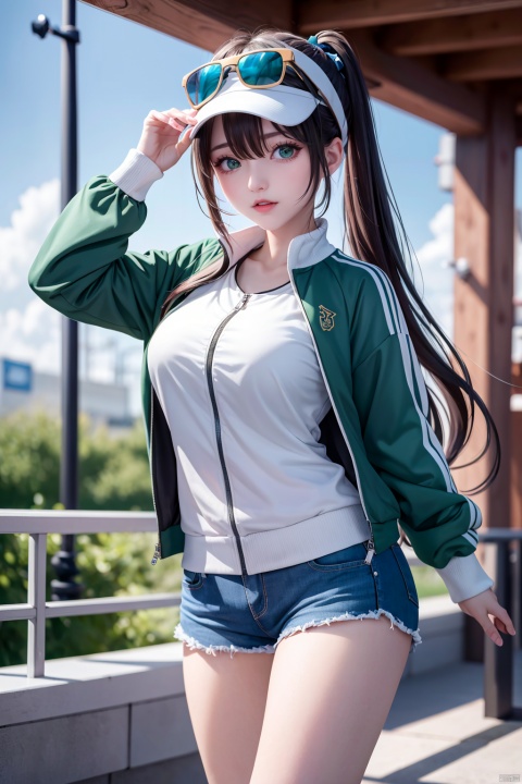  reed (arknights), 1girl, solo,green eyes,track jacket, shorts,large breasts, squirtle on head, best quality, amazing quality, very aesthetic, absurdres