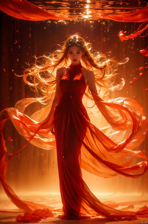  A dancing girl,(red color light effect),(full - body photos:1.5),hair ornament,jewelry,looking at viewer,floating hair,water,underwater,air bubble,branch,submerged,Silk and satin,Floating yarn,Special effects, wunv, Light master, dofas