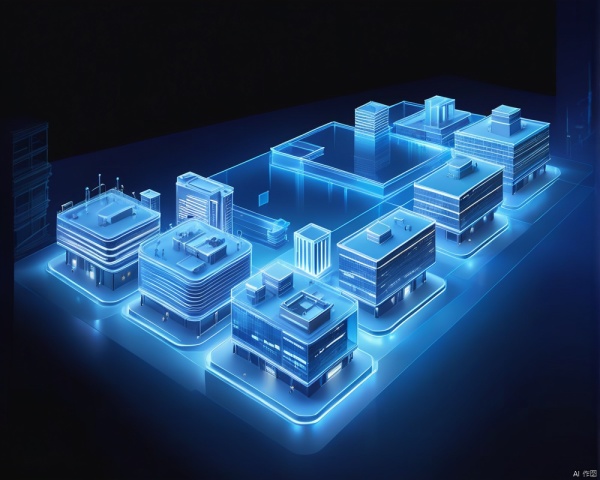 Modern smart park, the hologram of the smart park is isolated on a blue background, blue gradient frosted glass, frosted glass buildings, blue urban building scenes, big data, Play light and shadow, isometric distance, industrial machinery, low detail, 3d,c4d,ue5, architecture, Tmall,Tmall ip