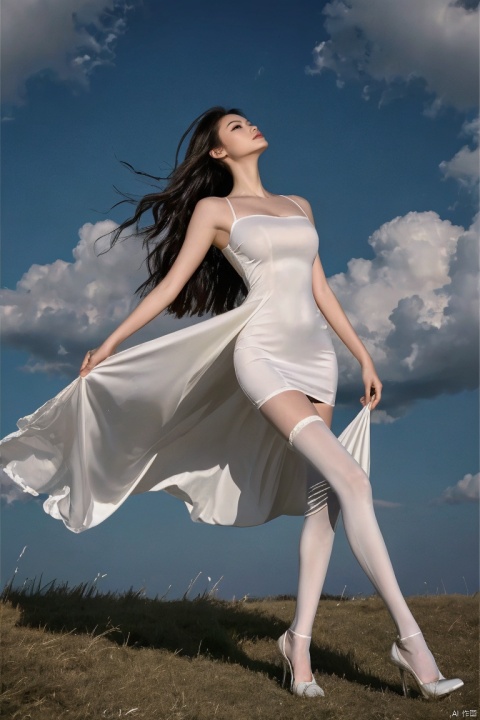  1girl,pretty,asian,Delicate features,white dress,white thighhighs,high heels,medium breasts,long legs,long hair fluttering,blue sky,White Clouds,breeze,looking away,(full shot),masterpiece,realistic,best quality,highly detailed,Ultra High Resolution,Photo Art,profession,1girl, plns, china dress
