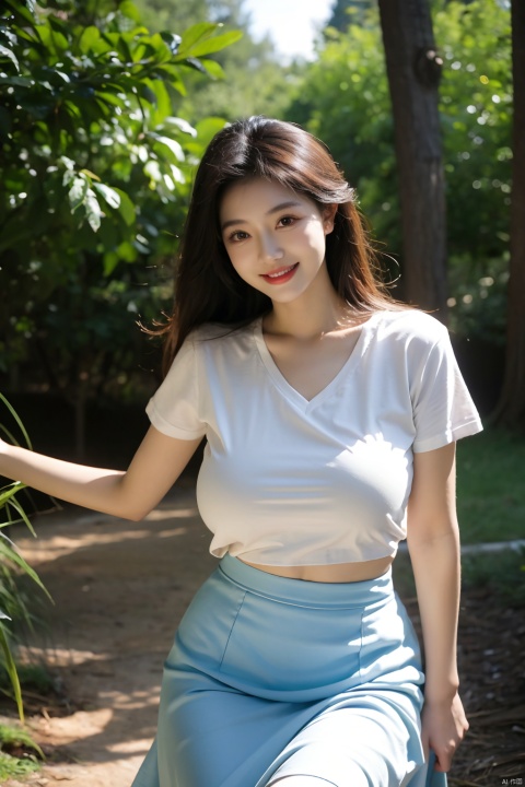  High resolution, (Official art, Beautiful and aesthetic: 1.2), Close View, Vast world, girl, Running, Refreshing smile, Transparent Long Skirt, Distant horizon, forest, natural beauty, inspiration, light effect、Camera takes pictures up close,(large breasts:1.5),tight T-shirt,can only see the arm