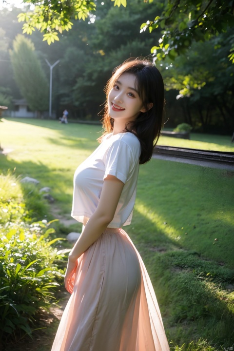  High resolution, (Official art, Beautiful and aesthetic: 1.2), Close View, Vast world, girl, Running, Refreshing smile, Transparent Long Skirt, Distant horizon, forest, natural beauty, inspiration, light effect、Camera takes pictures up close,(large breasts:1.5),tight T-shirt,can only see the arm