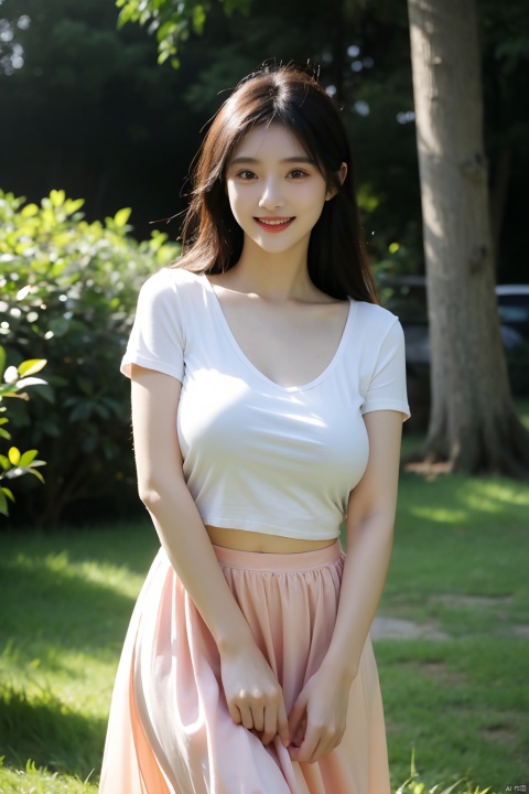  High resolution, (Official art, Beautiful and aesthetic: 1.2), Close View, Vast world, girl, Running, Refreshing smile, Transparent Long Skirt, Distant horizon, forest, natural beauty, inspiration, light effect、Camera takes pictures up close,(large breasts:1.5),tight T-shirt,can only see the arm