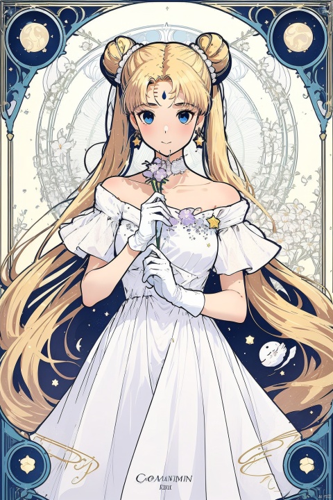  1girl, solo, long hair, looking at viewer, blush, bangs, blue eyes, blonde hair, gloves, dress, bare shoulders, twintails, jewelry, very long hair, closed mouth, collarbone, flower, earrings, white gloves, off shoulder, hair bun, star \(symbol\), white dress, character name, parted bangs, double bun, facial mark, crescent, arm behind back, forehead mark, off-shoulder dress, crescent facial mark, art nouveau, tsukino usagi,