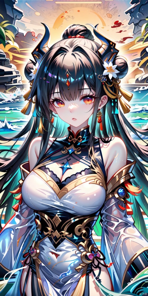  Ultra-clear, ultra-detailed, ((detailed depiction)), 1girl, solo, long hair, looking at viewer, bangs, black hair, hair ornament, red eyes, closed mouth, upper body, flower, hair bun, lips, orange eyes, double bun, chinese clothes, hair intakes, tassel, portrait, strapless dress, pelvic curtain, white background, yellow eyes, horns, water, motion blur, dragon, eastern dragon, ultimate picture quality, CG
